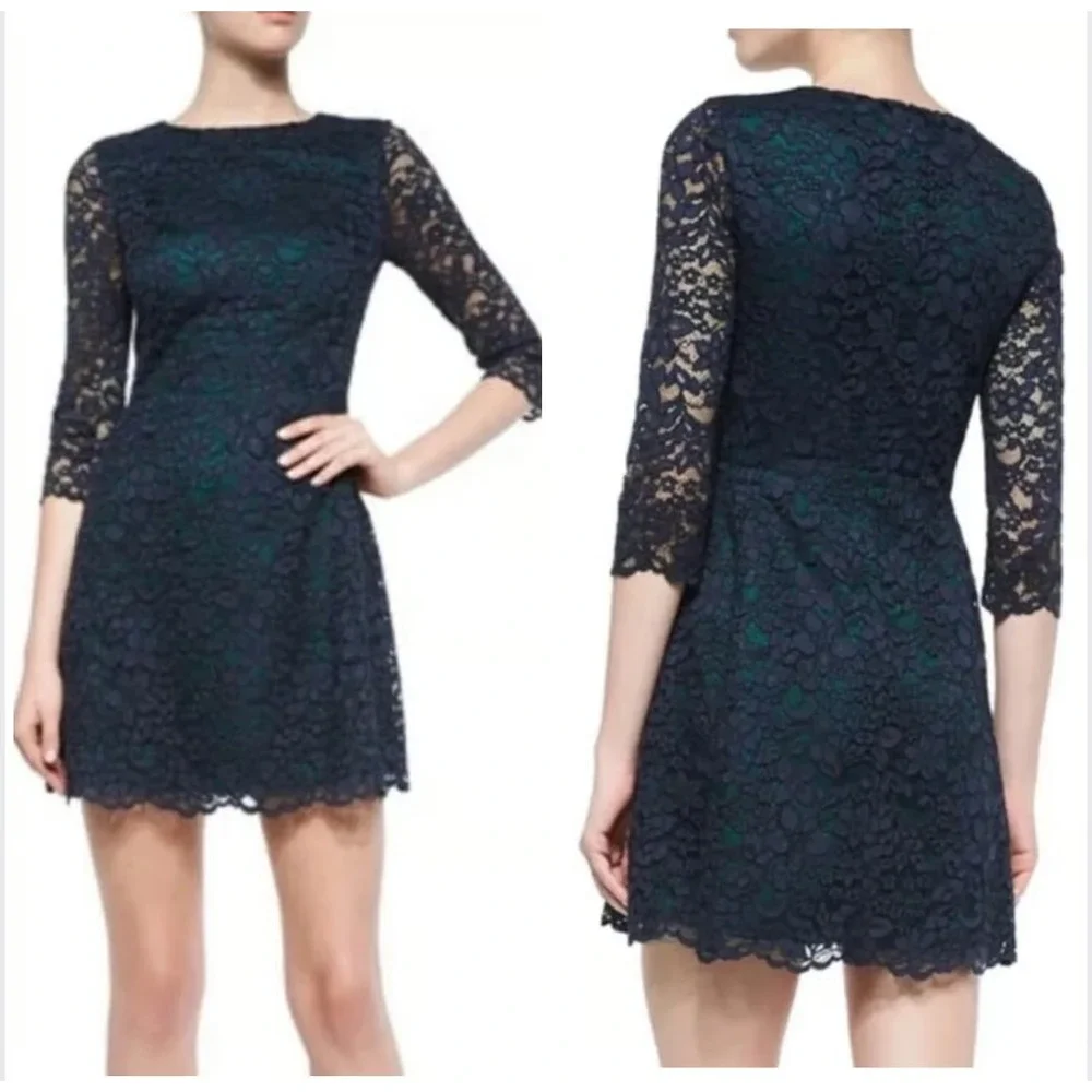 TORY BURCH Dress Blue Lace Green lined floral lace sheath cocktail mini 4 NWT